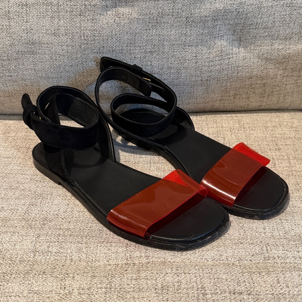 CELINE Black+Red suede wrap around sandals, size 38.5